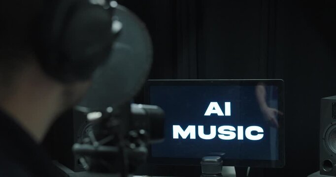 Cinematic stock footage showing a recording studio microphone in the foreground with &ldquo;AI MUSIC&rdquo; displayed on a screen in the background, symbolizing artificial intelligence in music production, digita