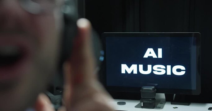 Modern stock footage showing an AI music setup in a studio environment with &ldquo;AI MUSIC&rdquo; displayed on a screen, symbolizing artificial intelligence in music production, digital creativity, and the futur