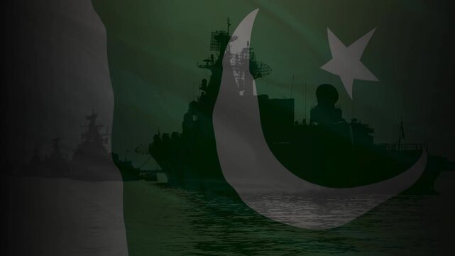 Pakistani military illustration. Indian Army with waving flag of Pakistan. Pakistani military rocket ship. Pakistan Maritime Squads.