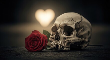 A skull sits beside a red rose against a soft background with a glowing heart shape
