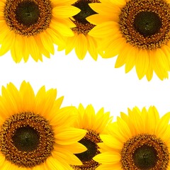 Vibrant sunflowers border a bright white space with golden petals and brown centers filling the frame