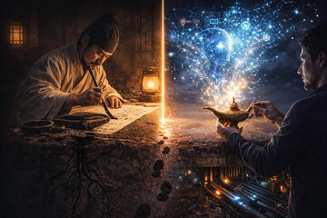 Traditional Scholar and Modern Man Summoning Artificial Intelligence from a Lamp