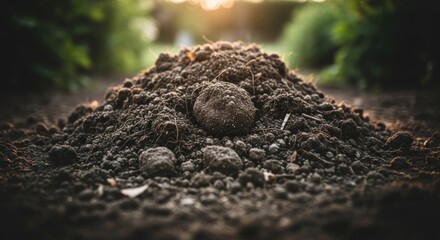 Obraz premium Close-up of a mound of dark, rich soil with blurred green foliage and sunlight in the background