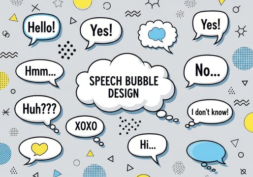 Collection of comic style speech bubbles featuring various common conversational phrases and symbols on a patterned background