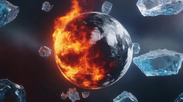 A burning Earth surrounded by melting ice cubes against a dark background, symbolizing climate change
