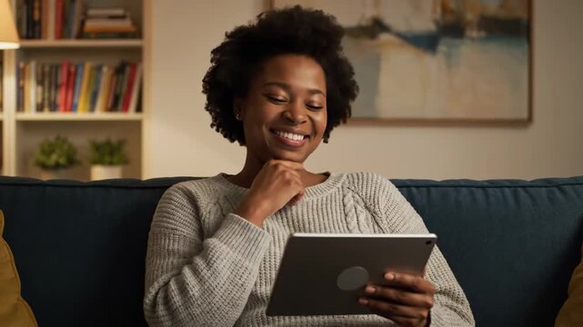 A cheerful Black woman relaxes on her couch, engaging with her tablet, finding joy and entertainment. She smiles and laughs while browsing online.