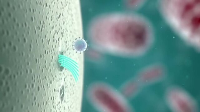 A cell releasing a vesicle into a fluid with red blood cells flowing in the background, possibly used for educational or medical purposes