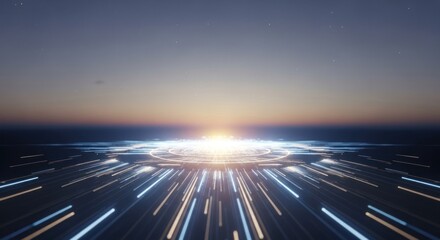 Futuristic digital platform with converging light trails under a starry sky