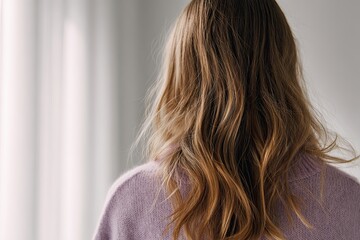 Naklejka premium Woman with Wavy Brown and Blonde Hair Wearing a Soft Lavender Sweater