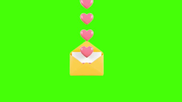 3D Animated Open Envelope with Floating Pink Hearts on Green Screen and Black Background