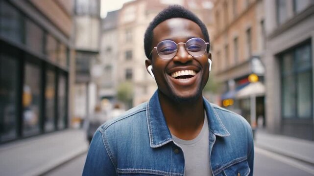 A young black man wearing earbuds and a denim jacket smiles while running down a blurred city street with buildings