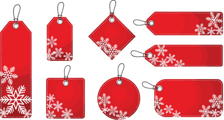 Red Christmas gift tag collection with snowflake decorations, winter holiday labels, festive price tags, decorative blank tag designs for seasonal packaging
