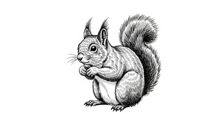 Detailed illustration of a squirrel in black and white. © Kirana