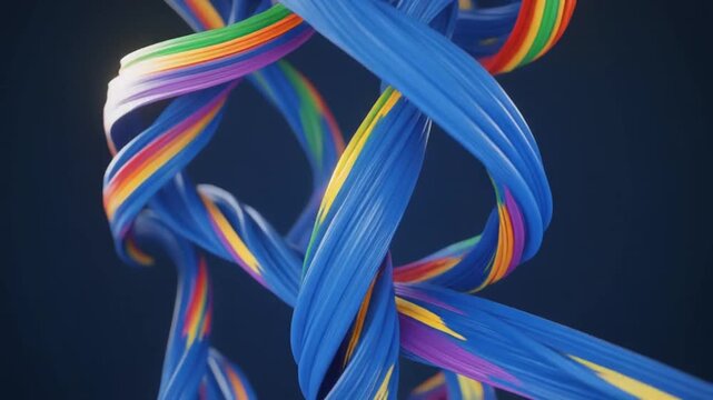 Colorful rainbow cables twisted together on dark background for technology concept