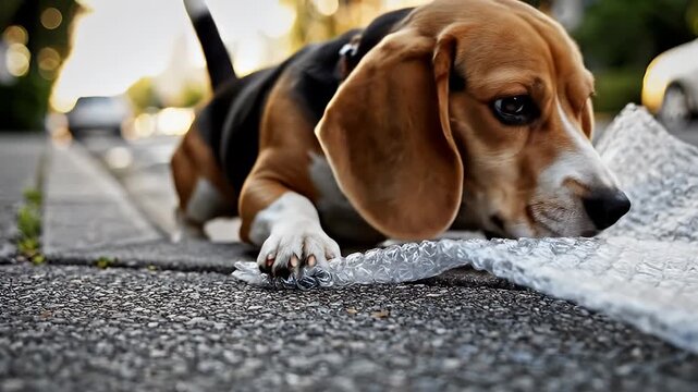 Candid street moment with a curious beagle on the crosswalk.