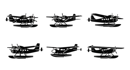 Set of six black silhouette floatplanes on white background. © Handik