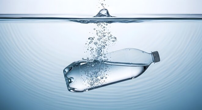A plastic water bottle sinking and releasing a stream of water into the clear liquid beneath. 2 liter soda