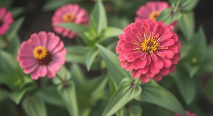 Vivid close-up of vibrant pink flowers with yellow centers and green leaves