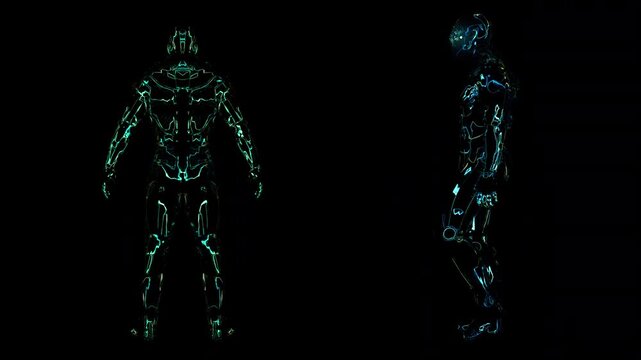 Two flickering neon cyber soldiers on a transparent background in a seamless loop.