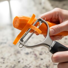 Person peeling a vibrant orange carrot with a stainless steel kitchen tool on a speckled granite countertop