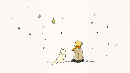 星を見上げる犬と女の子