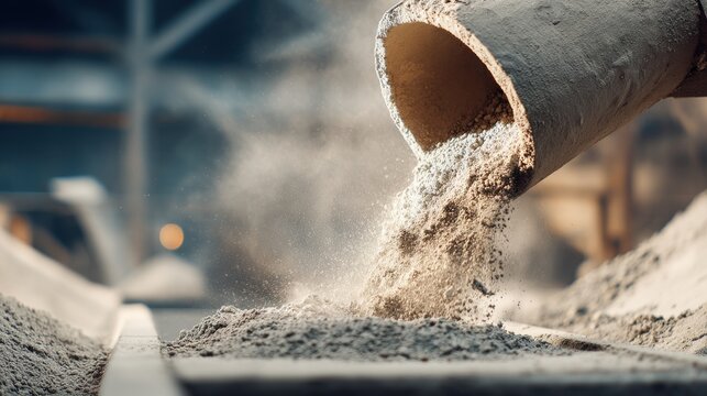 industry close-up of cement powder falling from convey on blurred background
