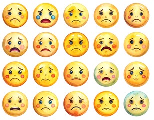Fototapeta premium Watercolor emoji set depicting various expressions of sadness with downturned mouths and somber eyes on round yellow faces