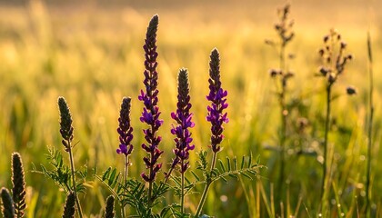 Close-up of purple wildflowers in a sunlit meadow during golden hour.