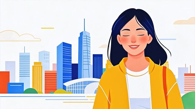 Woman in cityscape with colorful buildings