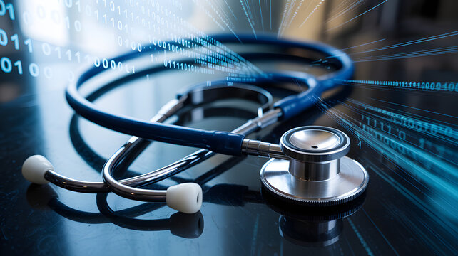 A stethoscope lies on a reflective surface with a digital background of code and data streams.
