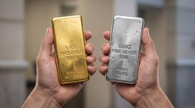 A persons hands holding a gold bar and a silver bar for investment comparison and wealth management.