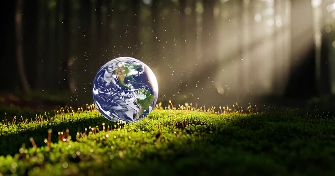 A glowing globe resting on lush green moss in a sunlit forest, symbolizing environmental awareness