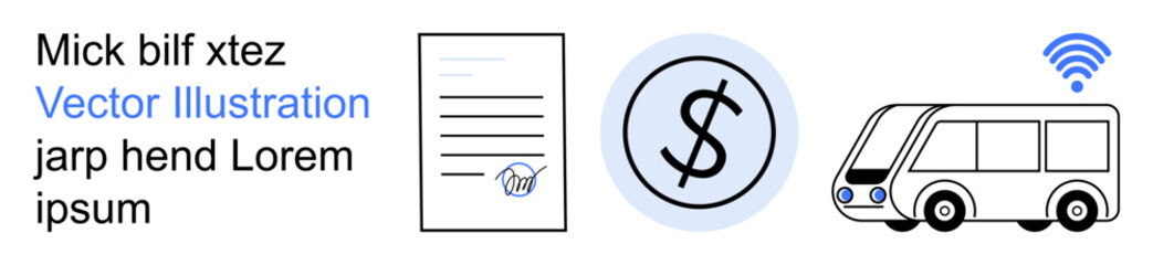 Obraz premium Financial transactions, wireless networks, public transit, connectivity, mobile apps, modern systems. Document, dollar symbol bus with wireless icon. Financial transactions and wireless networks
