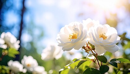 Obraz premium Serene white roses blooming in a lush garden on a sunny day with a blurred blue sky background