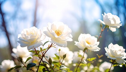 Obraz premium A serene garden scene of blooming white roses in full bloom under a bright sunny sky