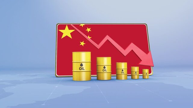 China Oil Revenue and Reserves Decline with Red Arrow Financial Data Graph Economic Crisis Concept