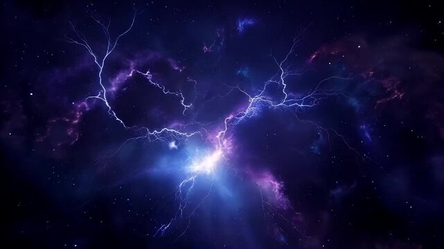 Electric stormy night sky with lightning bolts illuminating dark clouds and stars in space background for dramatic design