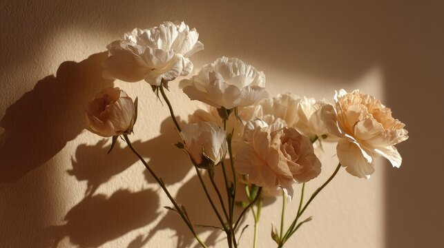 Delicate Cream Roses Bathed in Soft Natural Light Against a Light Wall with Shadows Creating a Melodramatic Effect of Grace and Beauty