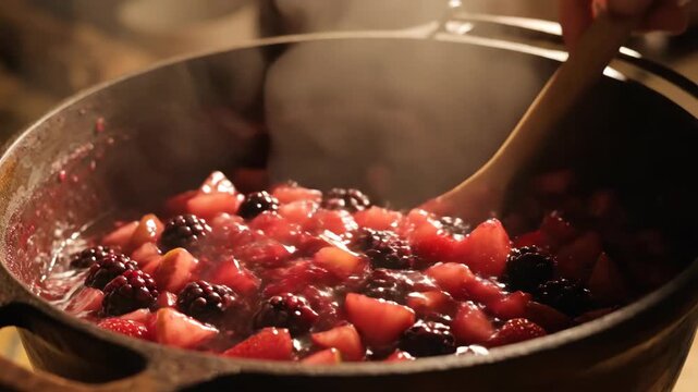 Delicious homemade fruit compote cooking in a pot with wooden spoon.