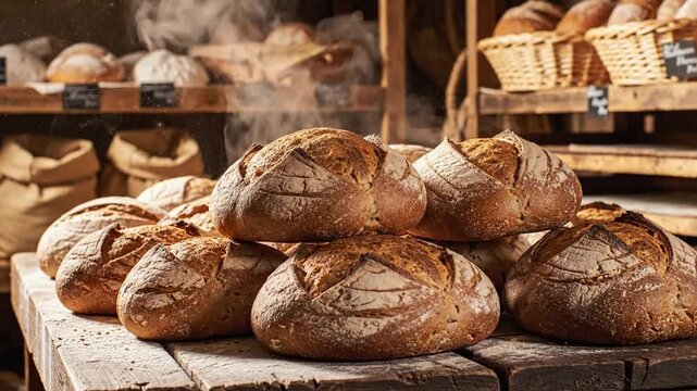 Freshly baked artisanal bread on wooden table in a rustic bakery with steam rising