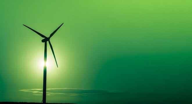 Silhouette of a wind turbine against a vibrant green sunset or sunrise sky