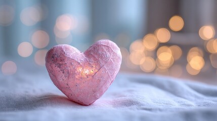 Obraz premium Soft pink heart-shaped decoration on a gentle fabric background with dreamy bokeh lights creating a warm and romantic atmosphere for Valentine's Day