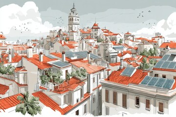 Sustainable city with solar rooftop panels 