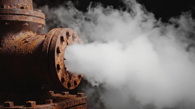 Industrial pipe emitting steam into dark background, suggesting industrial activity