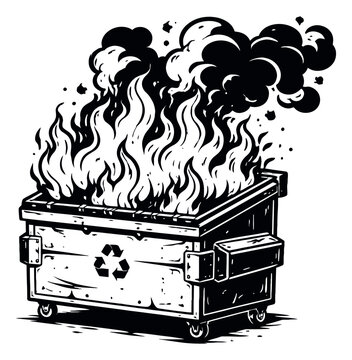 Hand drawn line art illustration of a dumpster depicting a dumpster fire for urban problems and destruction