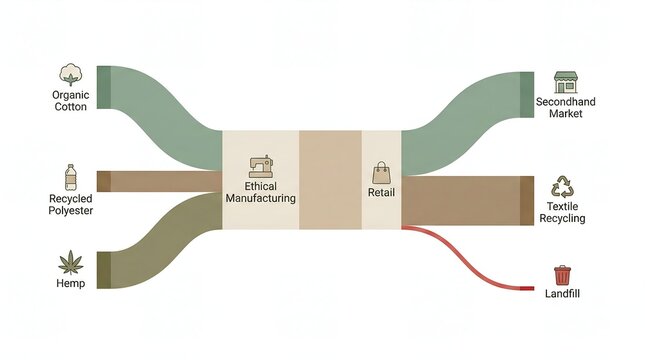 Flat illustration Sankey diagram infographic showing sustainable fashion lifecycle from organic materials to recycling flow