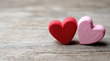 Fototapeta premium Two Colorful Heart Shapes on Rustic Wooden Surface for Romantic Themes and Love Celebrations