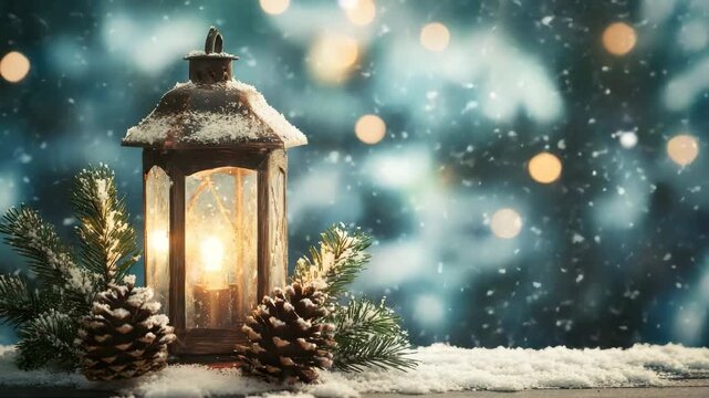 Vintage lantern with pinecone in snow  