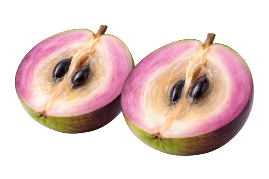 detailed photograph of two halves of star apple fruit with distinctive purple skin, creamy white flesh, and shiny black seeds against a black backdrop.