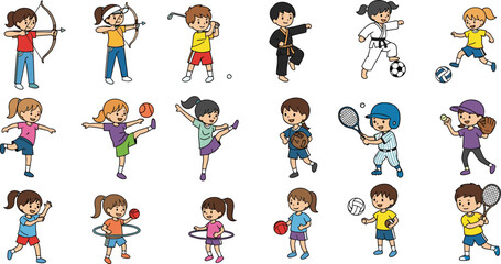 Cartoon kids sports activities illustration set, children playing soccer tennis baseball karate archery golf basketball exercise isolated white background vector © MDALRAFIN